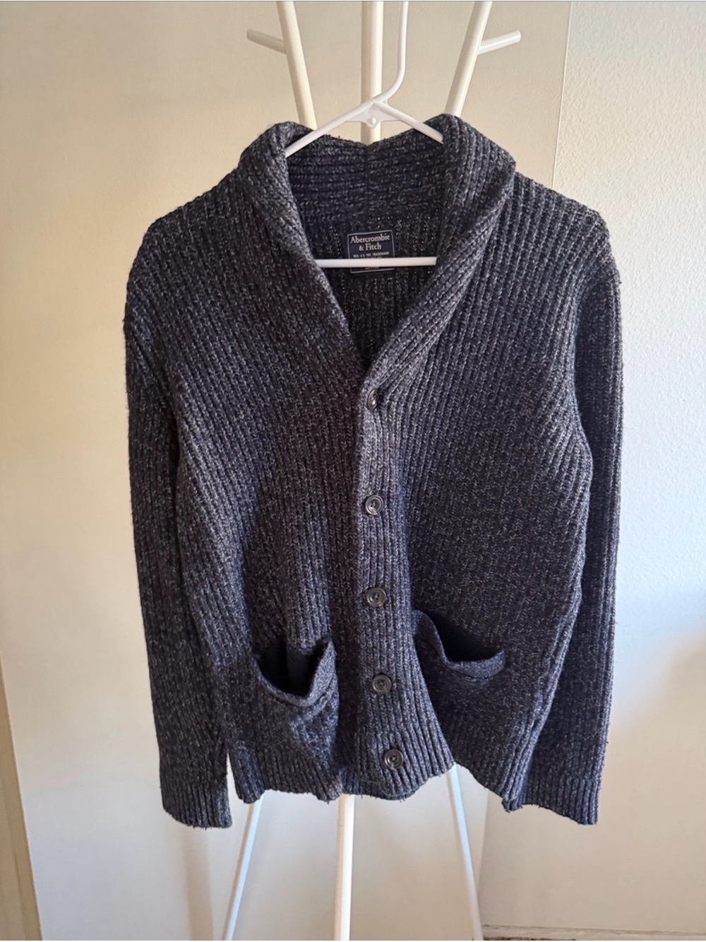 Abercrombie & Fitch Men's Dark Charcoal Shawl-Collar Cardigan